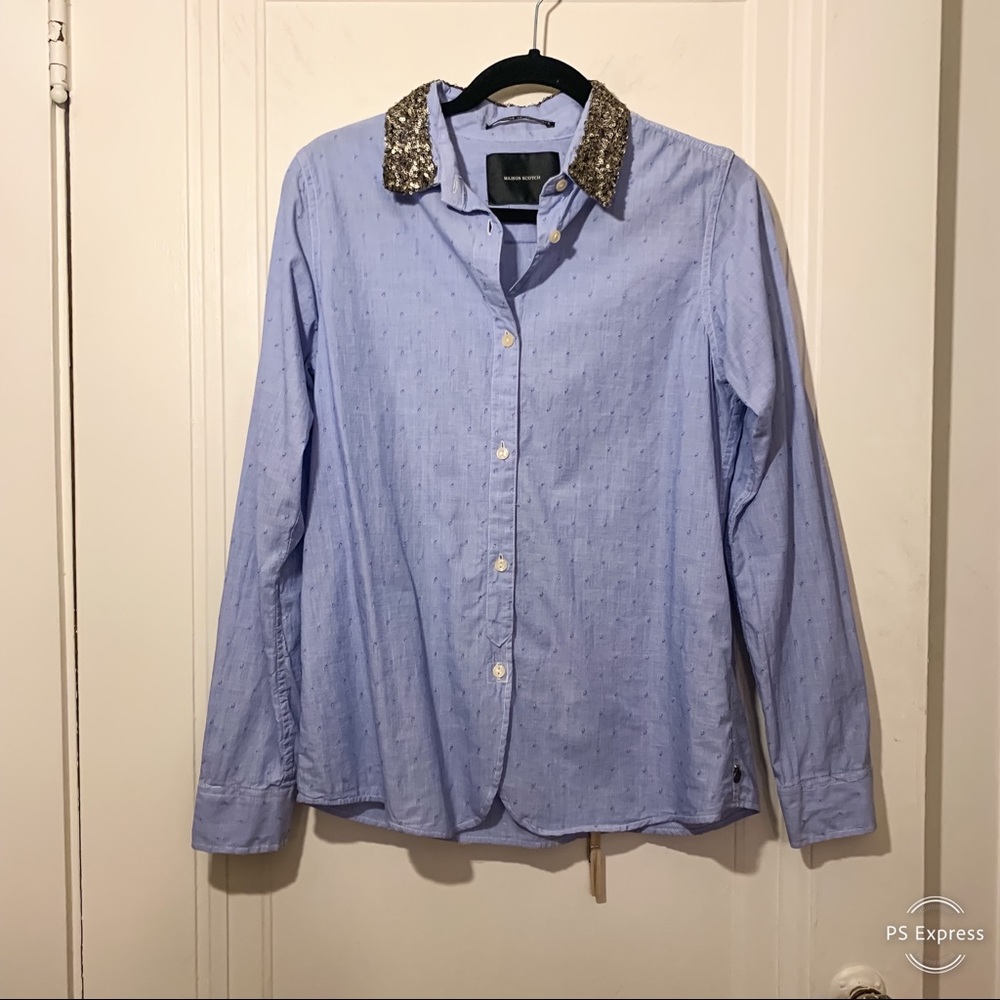 Maison Scotch sequined blue button down medium